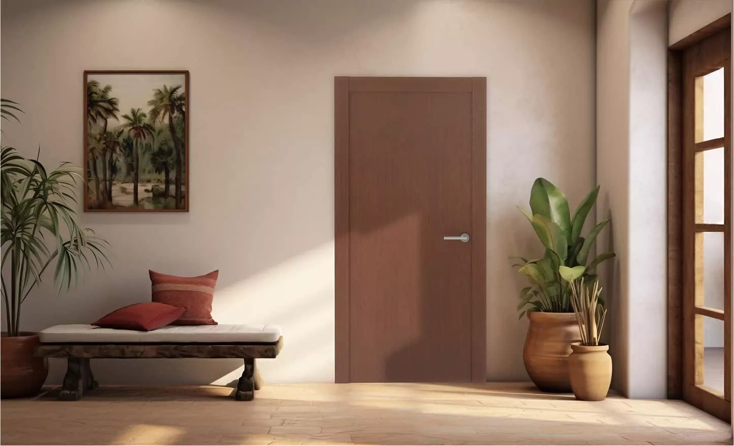 Puerta abatible de interior en madera en un recibidor de estilo mediterráneo